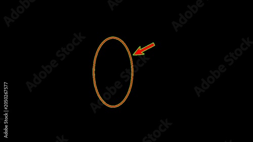 A simple orange circle with a red arrow pointing to it on a black background