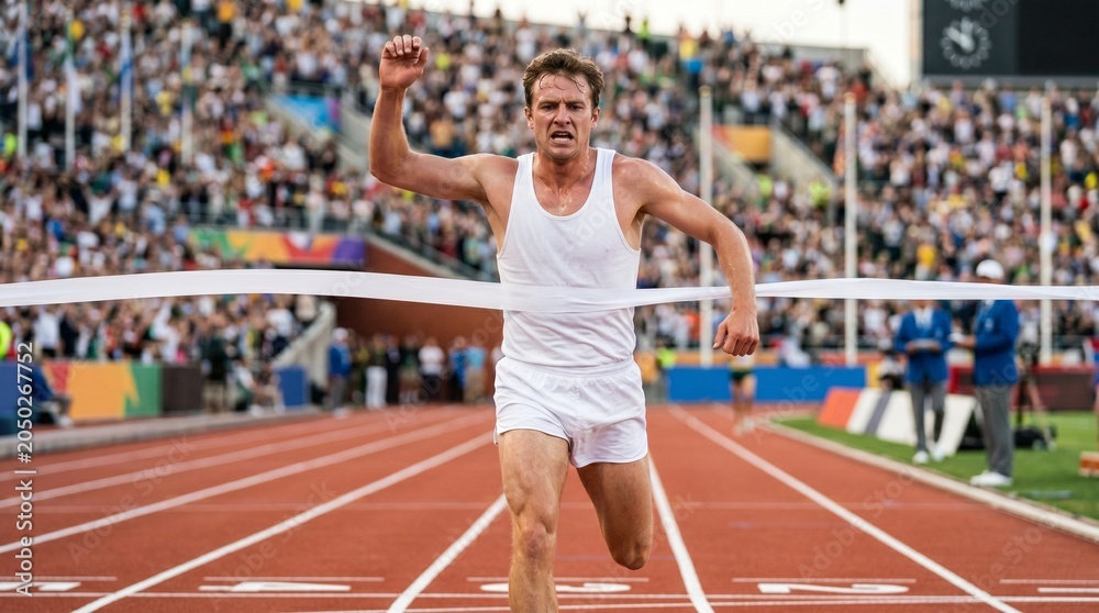 Obraz premium Athlete crossing finish line in Olympic stadium victory moment speed competition track race achievement sports concept.