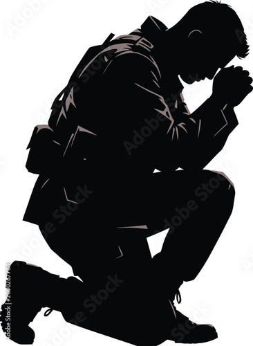Tableau sur toile Praying soldier, kneeling man silhouette, black vector icon, prayerful warrior,
