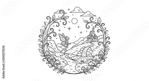 Tableau sur toile Fantasy castle in circular floral frame.