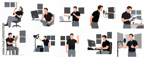 Slika na platnu Professional podcast host and voice actor illustration set, man recording audio