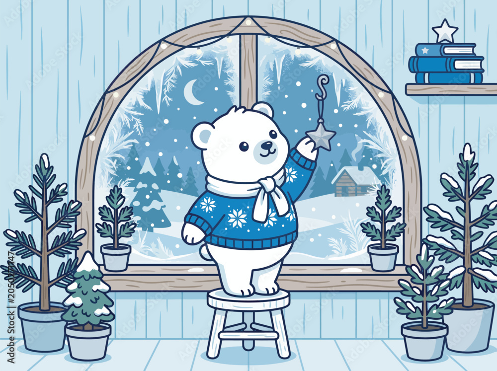 Fototapeta premium Kawaii Polar Bear Hanging Star Ornament on Christmas Window with Frosty Winter Landscape Outside