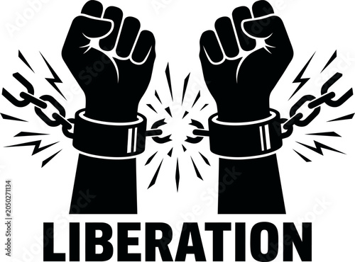 Photos Raised fists breaking shackled chains symbol of liberation