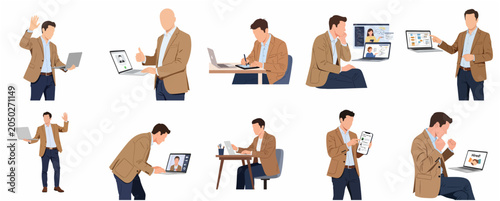 Bild auf Leinwand Professional Businessman Character Set in Various Poses for Remote Work, Video C