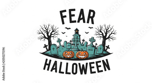 Schilderij op canvas Halloween fear text with spooky graveyard.