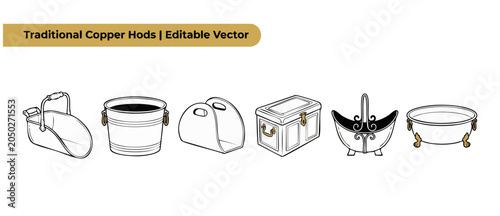 Traditional copper hod vector icons set including vintage metal fireplace buckets, log holders, and antique hearth coal scuttle outlines for rustic home decor and cozy hearthside design elements pack.