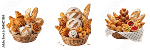 Fotografie Bakery Bread Basket Selection Isolated on White Background PNG, Freshly Baked Pa