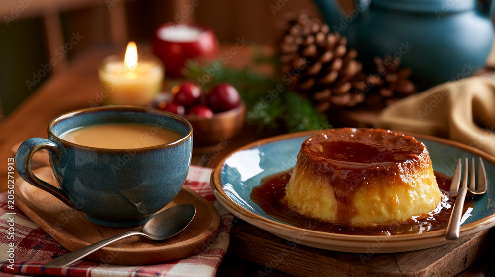 Fototapeta premium Traditional Brazilian Condensed Milk Pudding with Caramel Sauce Served with Hot Coffee on Table, Cozy Brazilian Winter Atmosphere with Copy Space for Advertising