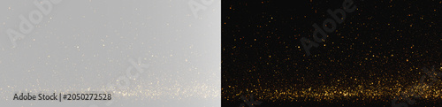 Photos Abstract gold glitter dust on grey and black background, horizontal golden parti