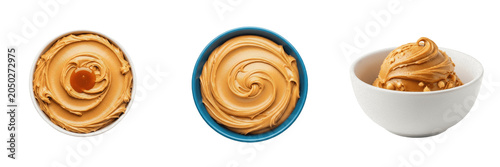 Creamy Peanut Butter Bowls Top and Side View Isolated PNG Clipart, Smooth and Crunchy Nut Spread Collection, Sweet Caramel Paste Swirl Food Graphic Elements, Cafe Dessert Cooking Design Asset Transpar