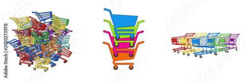 Colorful Shopping Cart Collection Isolated on White Background, Stacked and Arranged Grocery Trolleys for Retail Concepts