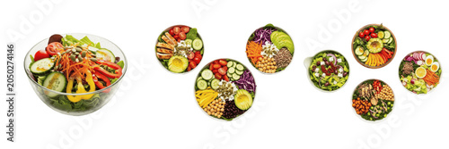 Fresh Healthy Salad Bowls Isolated on White Background, Top View and Side View Assortment for Diet and Nutrition Concepts