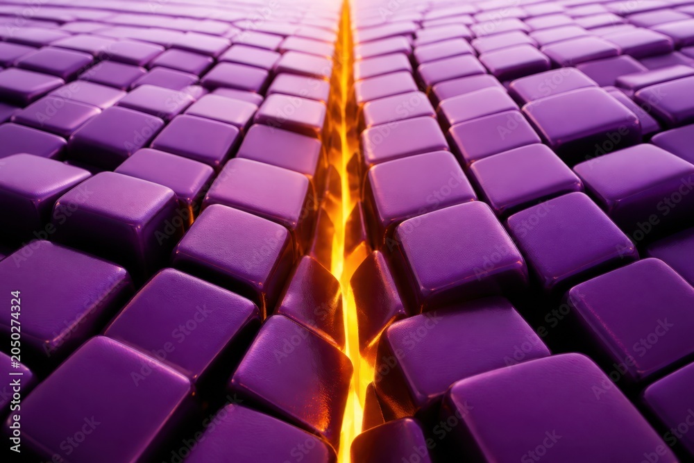 Obraz premium Abstract purple cube background with glowing crack and futuristic 3D geometric texture