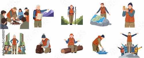Canvas-taulu Active senior woman guiding children in outdoor hiking and camping activities, s