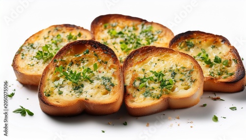 five toasted garlic bread slices topped with cheese and herbs