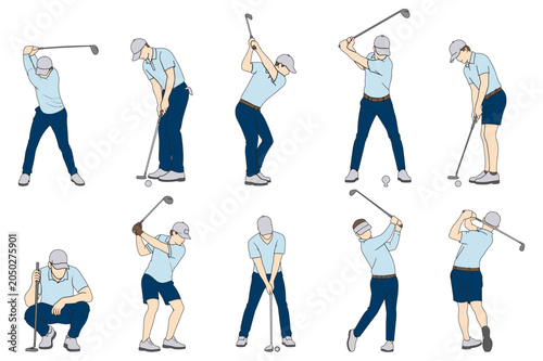 Quadro su tela Golfer drawing set with different swing positions and putting strokes