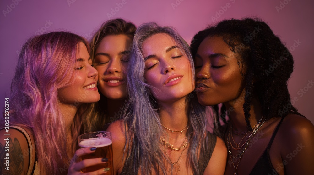 Obraz premium Friends enjoy drinks and laughter during a night out at a venue with colorful lighting in the background
