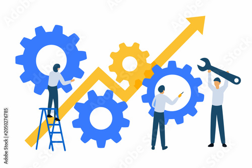 Gears and people with wrench flat vector illustration