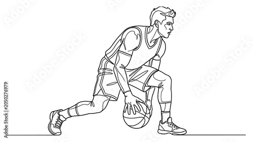 Bild auf Leinwand Continuous line drawing of a basketball player dribbling the ball