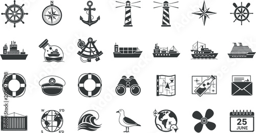 Foto Nautical icons set isolated on transparent background marine symbols shipping na