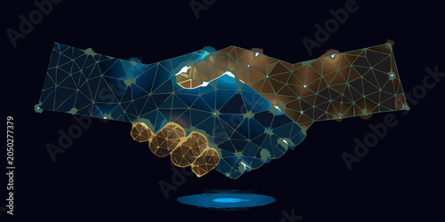 Handshake with plexus network digital illustration in dark tones