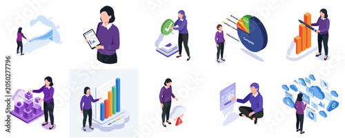 Set of isometric cloud management and business data analysis illustrations featuring a female professional character