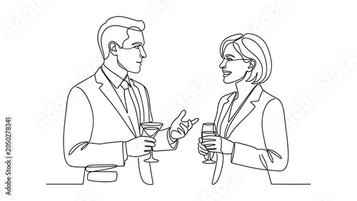 Continuous line art of business colleagues having a conversation.