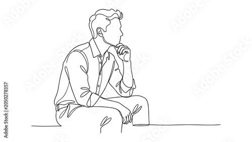 Bild auf Leinwand Continuous one line drawing of a pensive man sitting and thinking