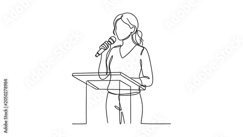 Photos Continuous line drawing of a woman speaking at a podium with a microphone