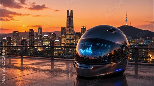 Advanced motorcycle helmet with glowing chart display visor against warm orange city sunset skyline
