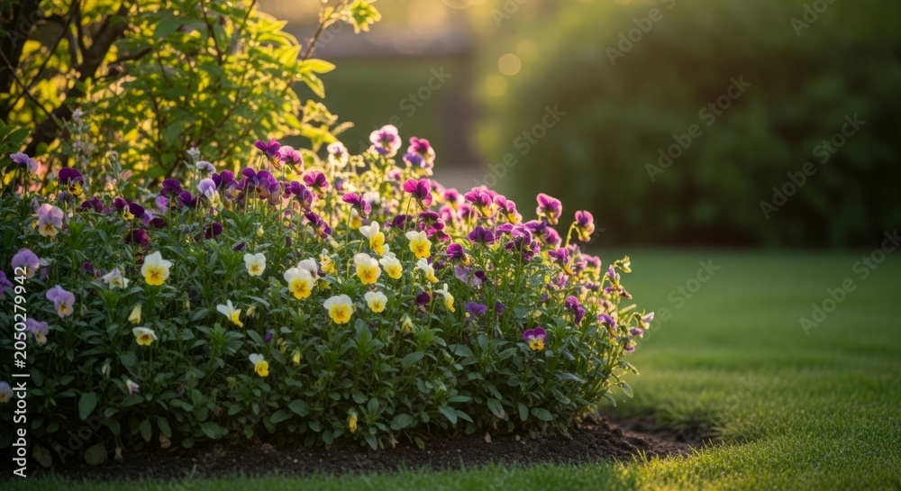Obraz premium Colorful pansy flower bed in a lush garden at golden hour, providing serene natural light and copy space