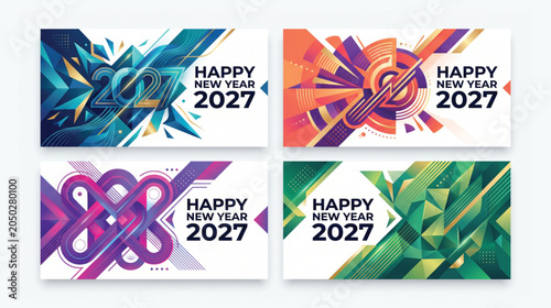 Happy new year 2027 collection of abstract rectangular banners featuring futuristic geometric art and creative digital shapes for seasonal branding abstract geometric futuristic creative