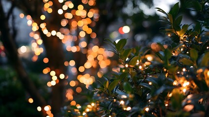 A vibrant backdrop of warm fairy lights creates a soft glowing bokeh effect in the evening setting