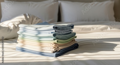 Neatly folded pastel laundry stack on a freshly made bed, bathed in soft morning light, evoking a sense of calm and order.