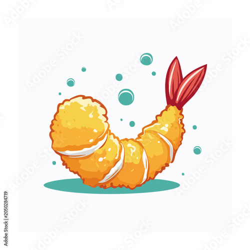 Illustration of a golden tempura shrimp with bubbles