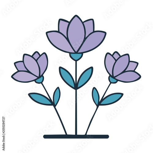 Flat design illustration of three purple flowers with teal leaves