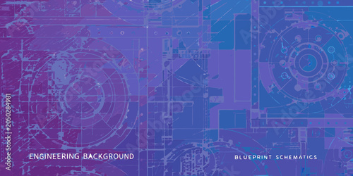 Obraz na płótnie Engineering blueprint schematics a complex vector illustration with purple and b