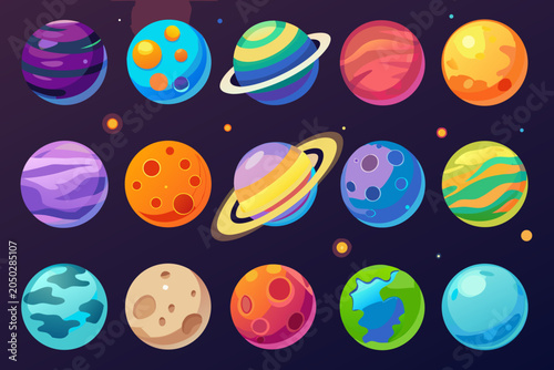 фотографія Colorful planets collection vector illustration with rings and surface details