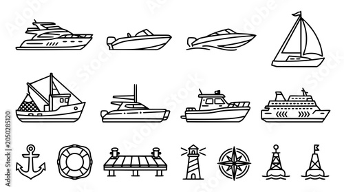 Fotografie Boat Outline Vector Icon Set with Yacht Motor Boat and Nautical Symbols