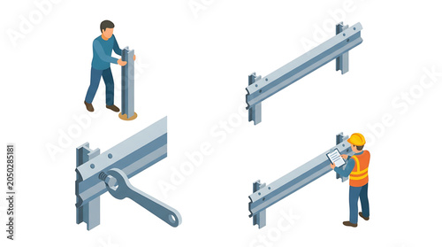 Construction workers installing and inspecting metal road safety barriers, an isometric set illustrating the vital process of guardrail assembly for highway protection