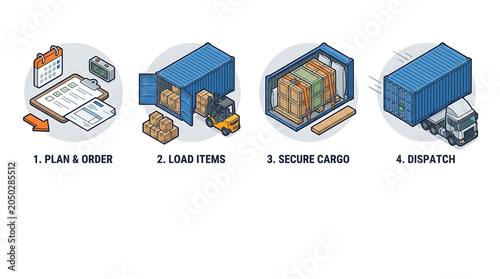 Isometric Logistics and Shipping Process Infographic showing Order Planning, Cargo Loading, Securing, and Dispatching