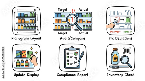 Retail store management icons for planogram compliance inventory check audit reports and shelf display optimization for commercial business efficiency