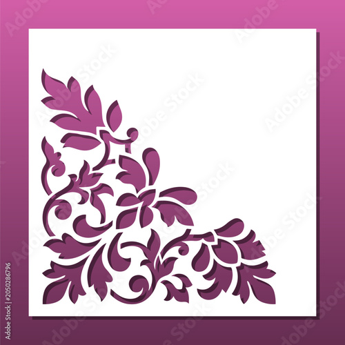:aser cut panel ornate with oriental Chinese floral pattern. Corner Asian motif with leaves and flowers. Wall art panel, card background, invitation or celebration diy craft. Vector  illustration