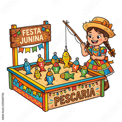 Festa junina brazilian june festival fishing game cartoon illustration. white background.