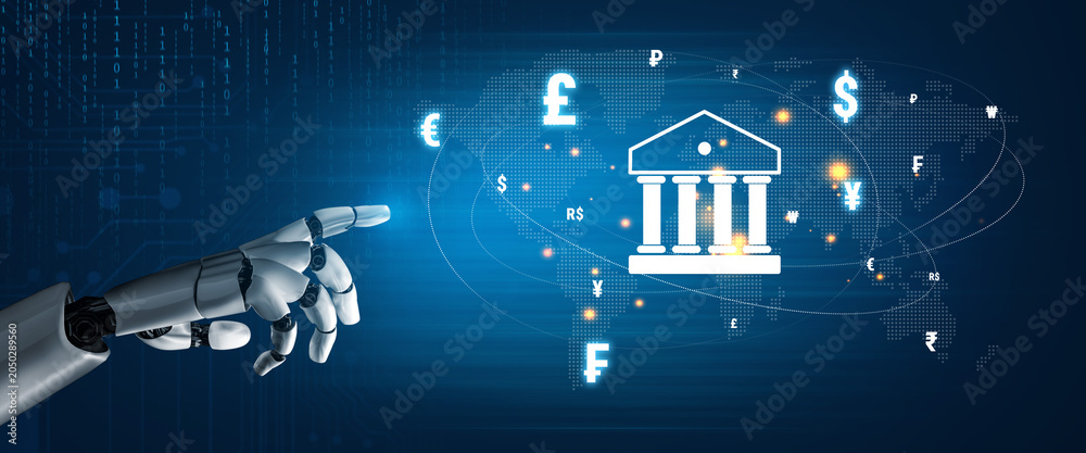 Naklejka premium Robotic Hand Interacting with Global Financial Symbols in a Modern Banking Concept on a Digital Background Quark.