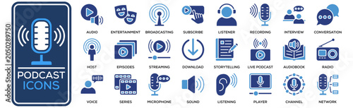 Podcast Icon Set Collection. Containing Design Podcast, Audio, Episodes, Broadcasting, Listener
