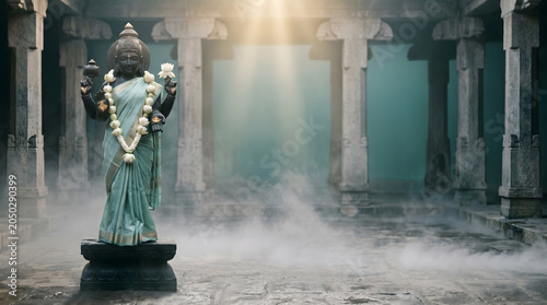 Teal stone goddess idol standing in misty ancient temple hall with divine light beam above