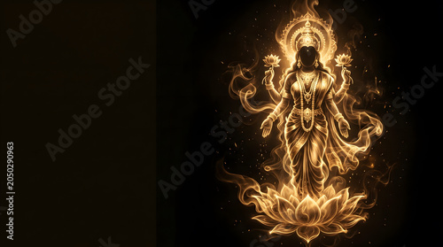 Golden glowing Lakshmi on dark background with lotus and flame