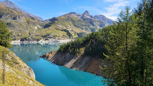 Canvastavla Lake Lac du Chevril in the mountain landscape, French Alps, Tignes, Savoie, France, Europe