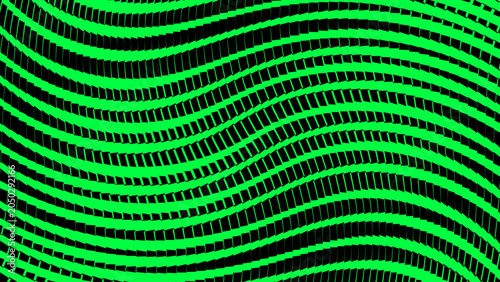 Neon green halftone wave pattern, abstract wavy lines on black background, vibrant digital glitch texture vector for techno music posters